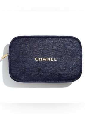 CHANEL Holiday 2023 Dark Blue Denim Logo Makeup Pouch modified with chain